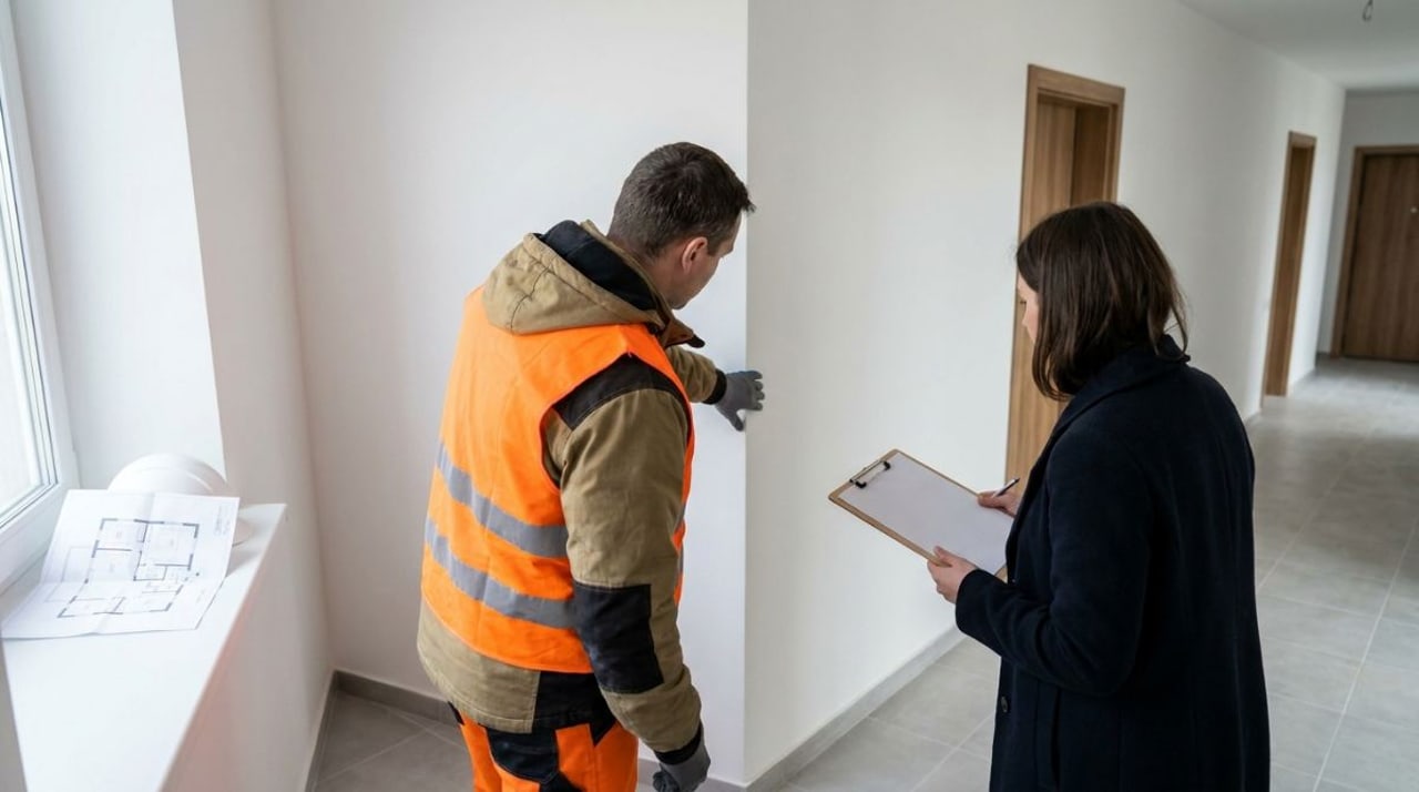 Bauleiter in Warnweste prüft bei einer förmlichen Abnahme eine Wandecke im fertigen Neubau-Flur, daneben die Auftraggeberin mit dem Abnahmeprotokoll auf dem Klemmbrett – Abnahme nach § 12 VOB/B