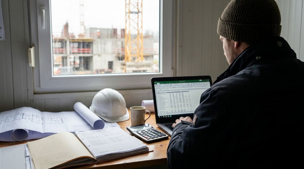 Kalkulator im Baucontainer prüft am Laptop ein Leistungsverzeichnis aus einer GAEB-Datei, daneben ausgedruckte Baupläne und ein Bauhelm – typischer Arbeitsschritt vor der Angebotsabgabe