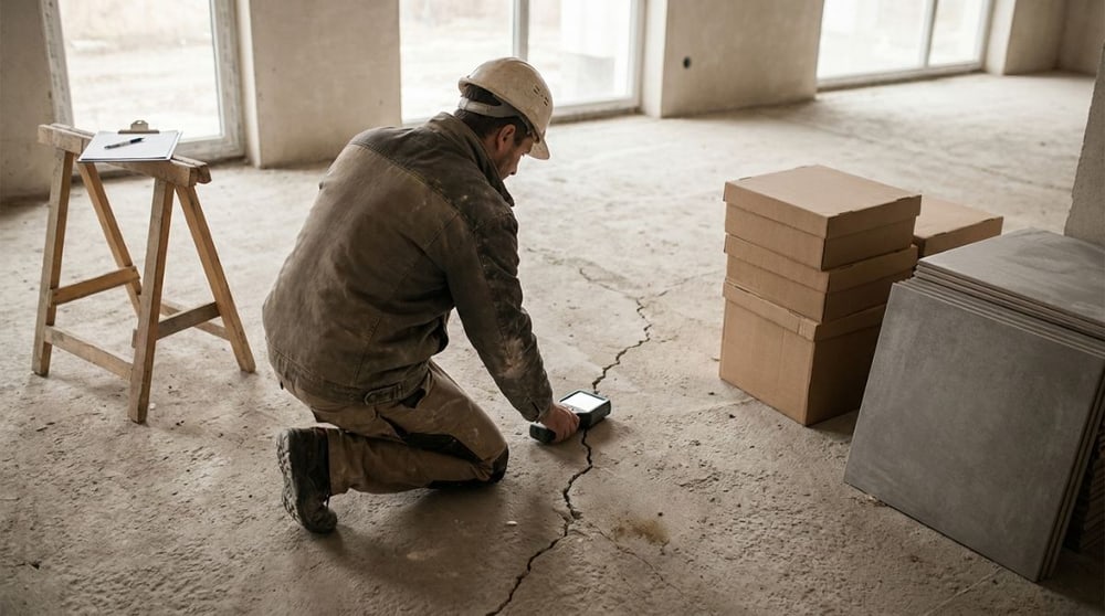 Handwerker kniet auf einem gerissenen Estrich und misst die Restfeuchte, daneben gestapelte Fliesen und ein Klemmbrett für die Bedenkenanmeldung